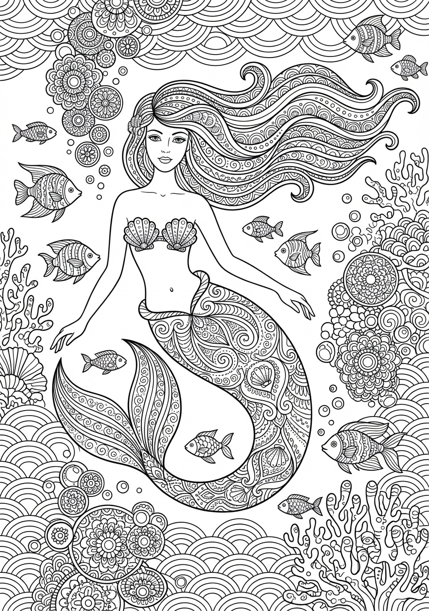 Filigrane Meerjungfrau als detailreiches Mandala zum Entspannen