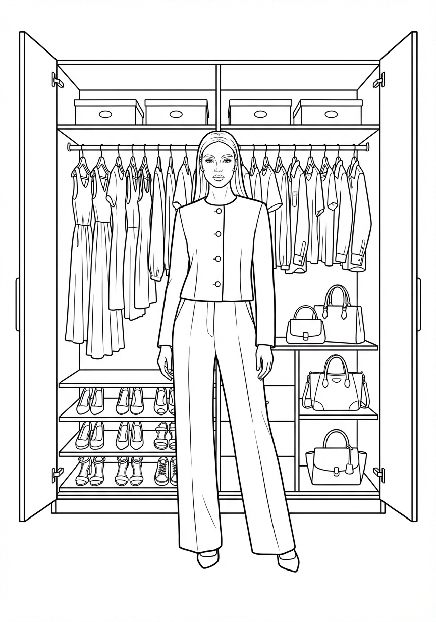 Modebewusstes Model vor einem gut gefüllten Kleiderschrank