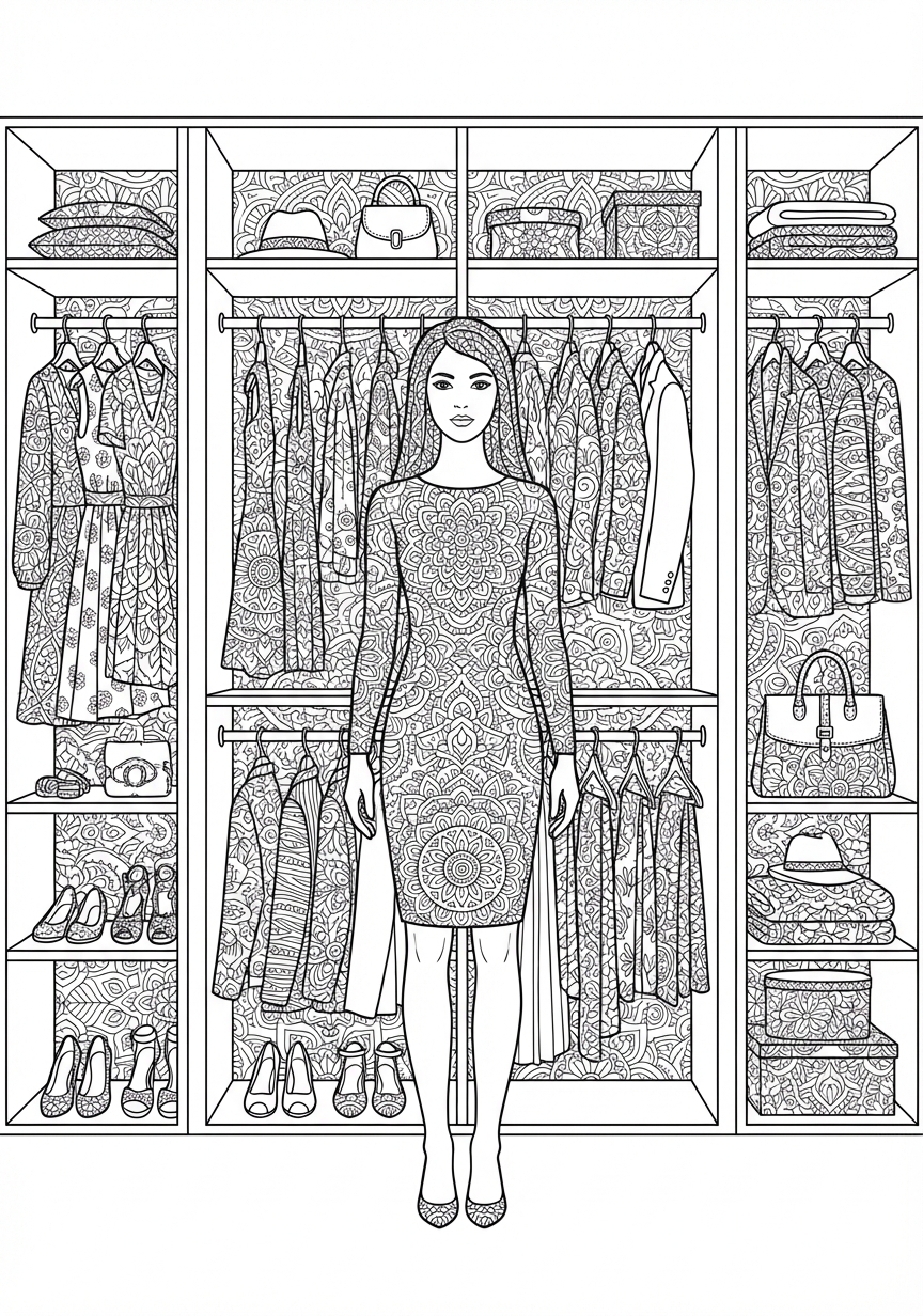 Filigranes Mandala eines Topmodels vor dem Kleiderschrank