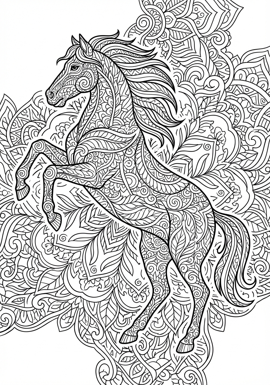Komplexes Mandala eines Pferdes mit sehr filigranen Details
