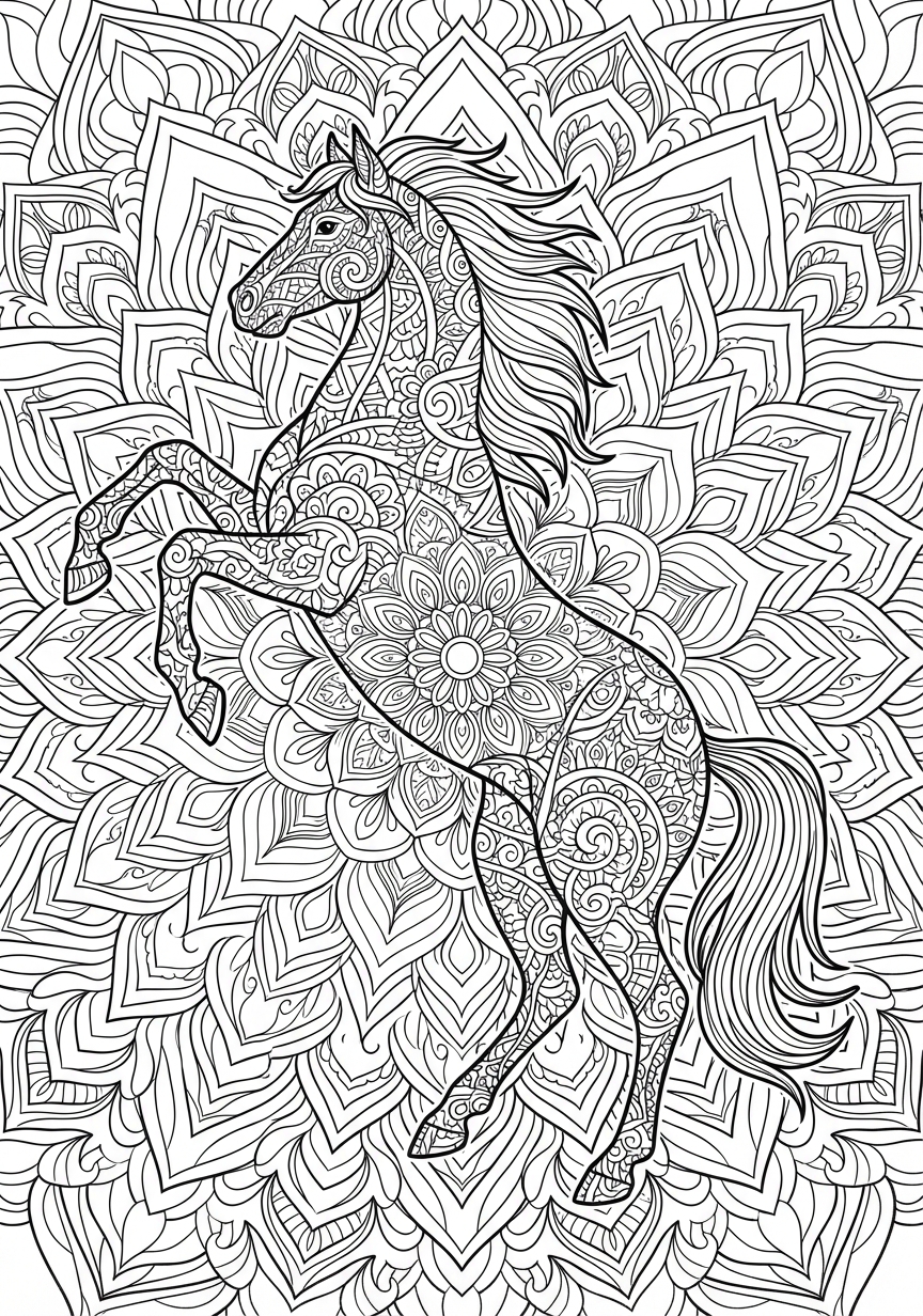 Komplexes Mandala eines steigenden Pferdes voller Details