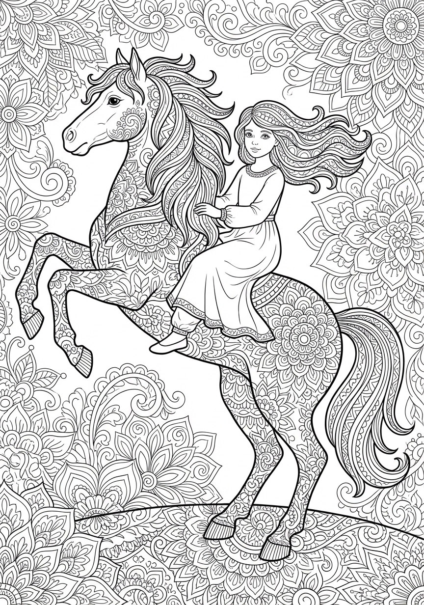 Kunstvolles Reiterin Mandala mit einem prächtigen Pferd