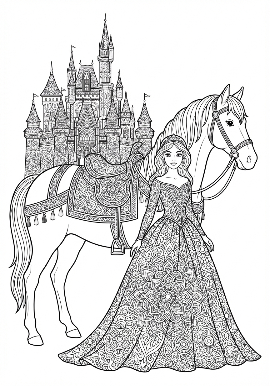 Prinzessin und Pferd als kunstvolles Mandala Motiv