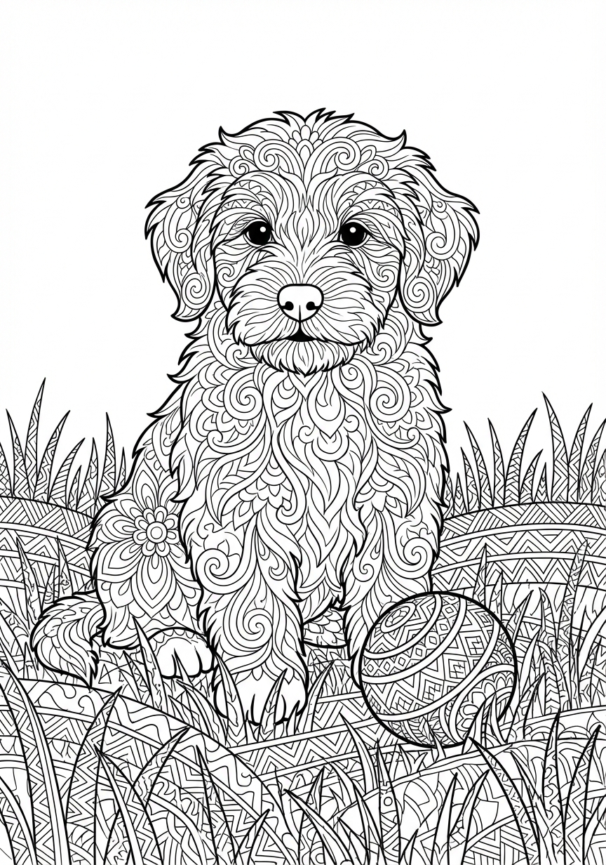 Detailreicher Hundewelpe als kunstvolles Mandala mit vielen Feldern