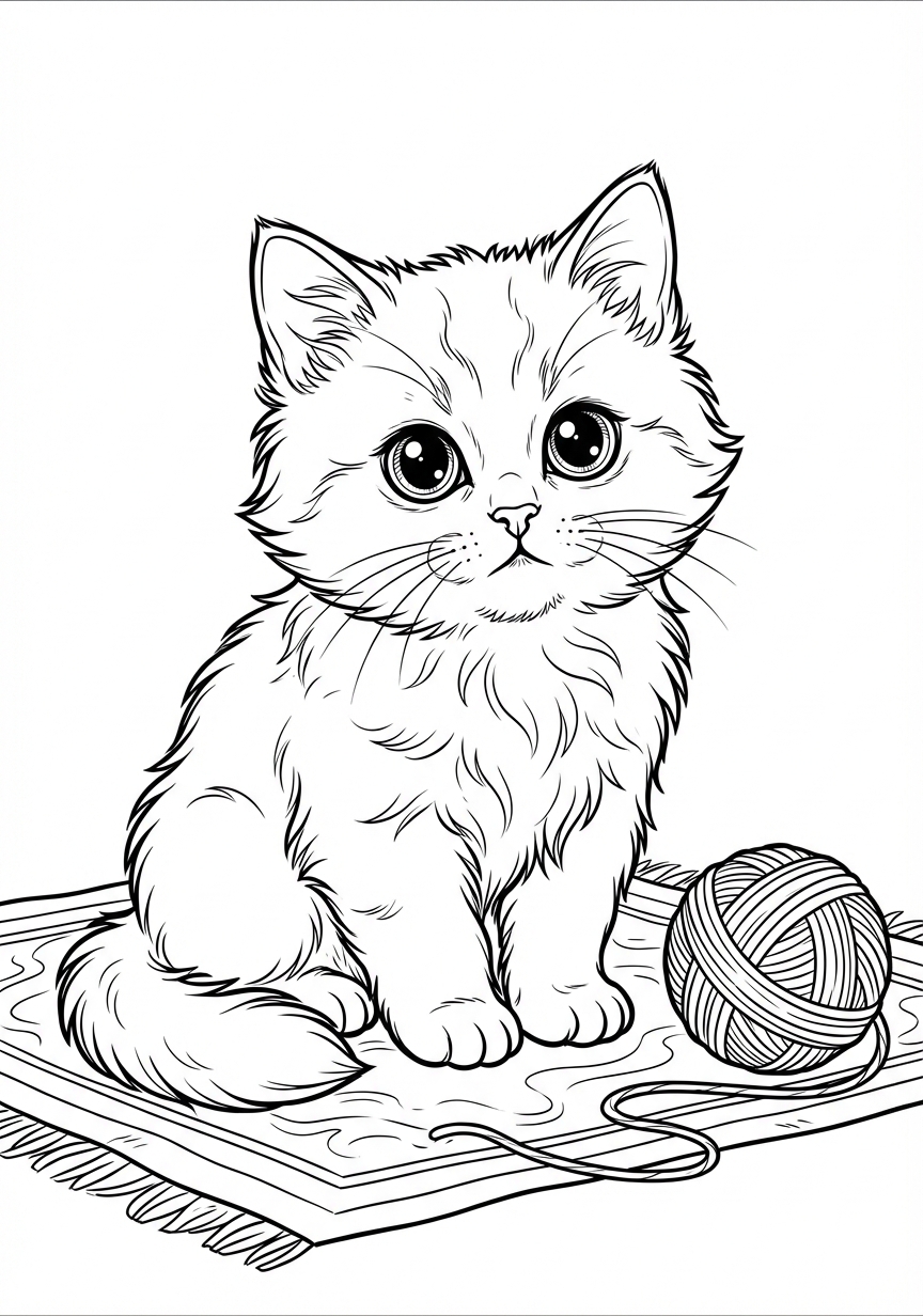 Niedliches Kätzchen auf einem gemütlichen Teppich mit Wolle