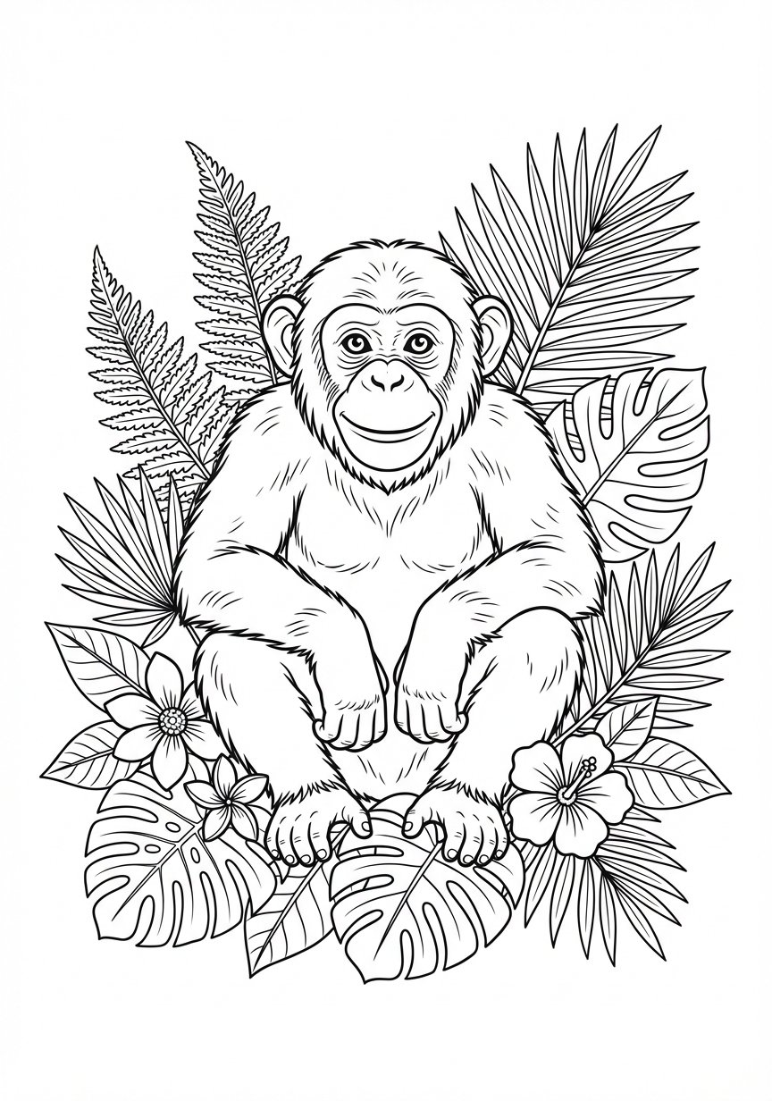 Nachdenklicher Schimpanse zwischen tropischen Farnen und Blättern