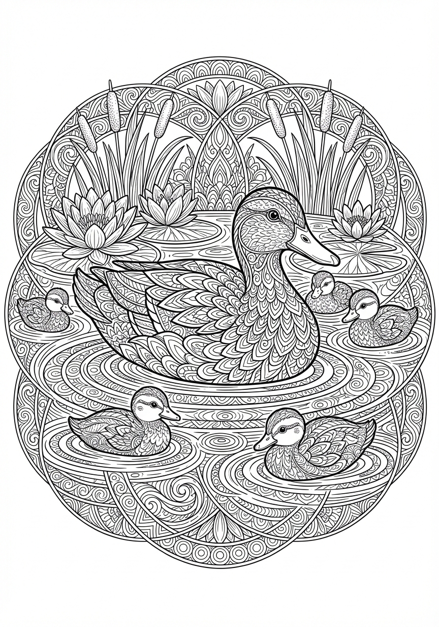 Filigranes Enten Mandala mit Mutter und ihren Küken