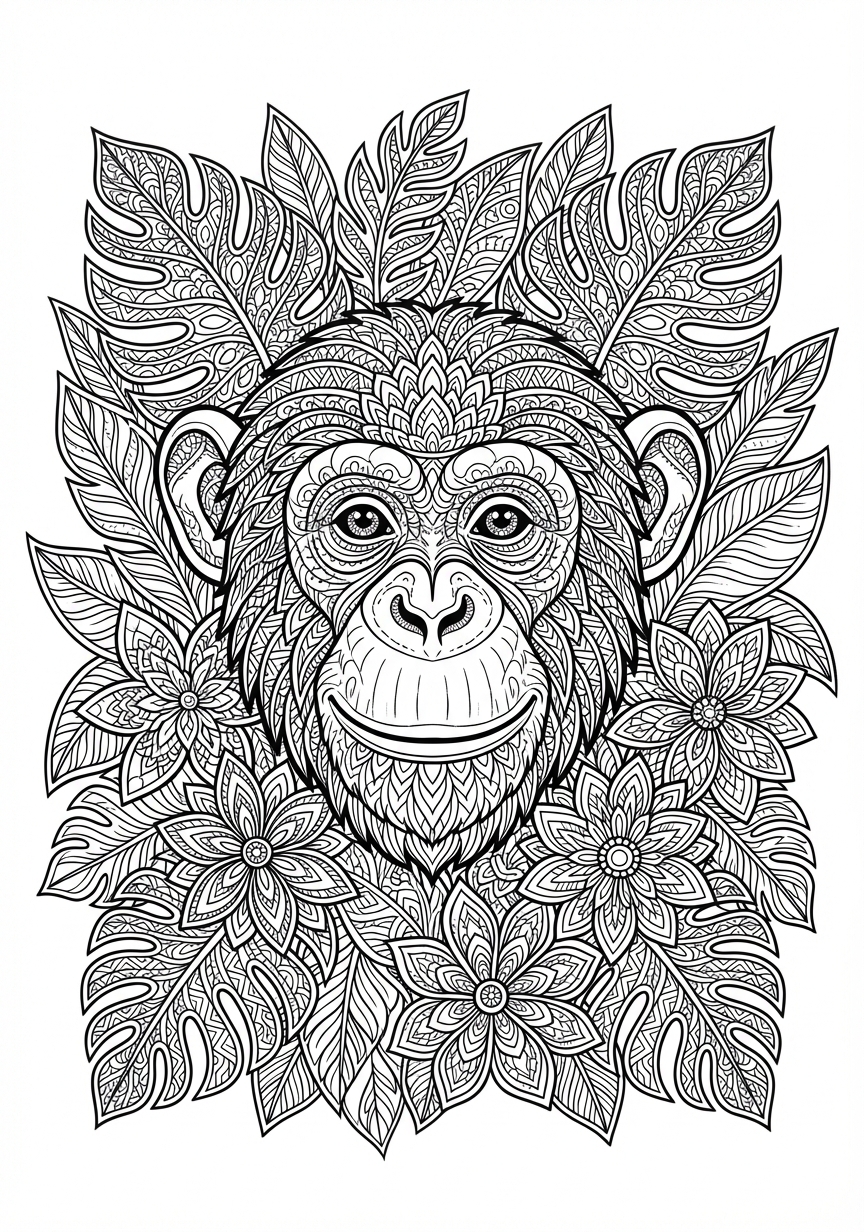 Komplexes Schimpansen Mandala mit filigranen floralen Mustern