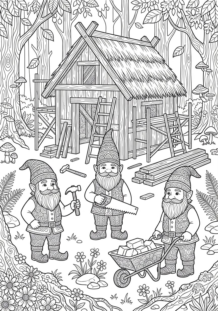 Filigranes Mandala mit Wichteln und einer Hausbaustelle