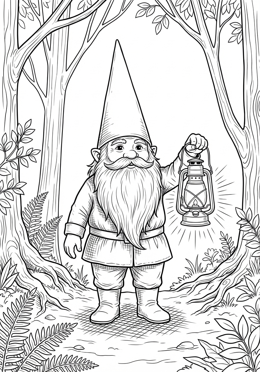 Ein Gnom wandert mit seiner Lampe durch den stillen