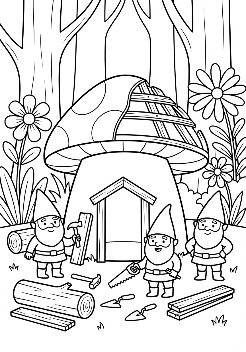 Drei Wichtel Handwerker bauen ein Pilzhaus