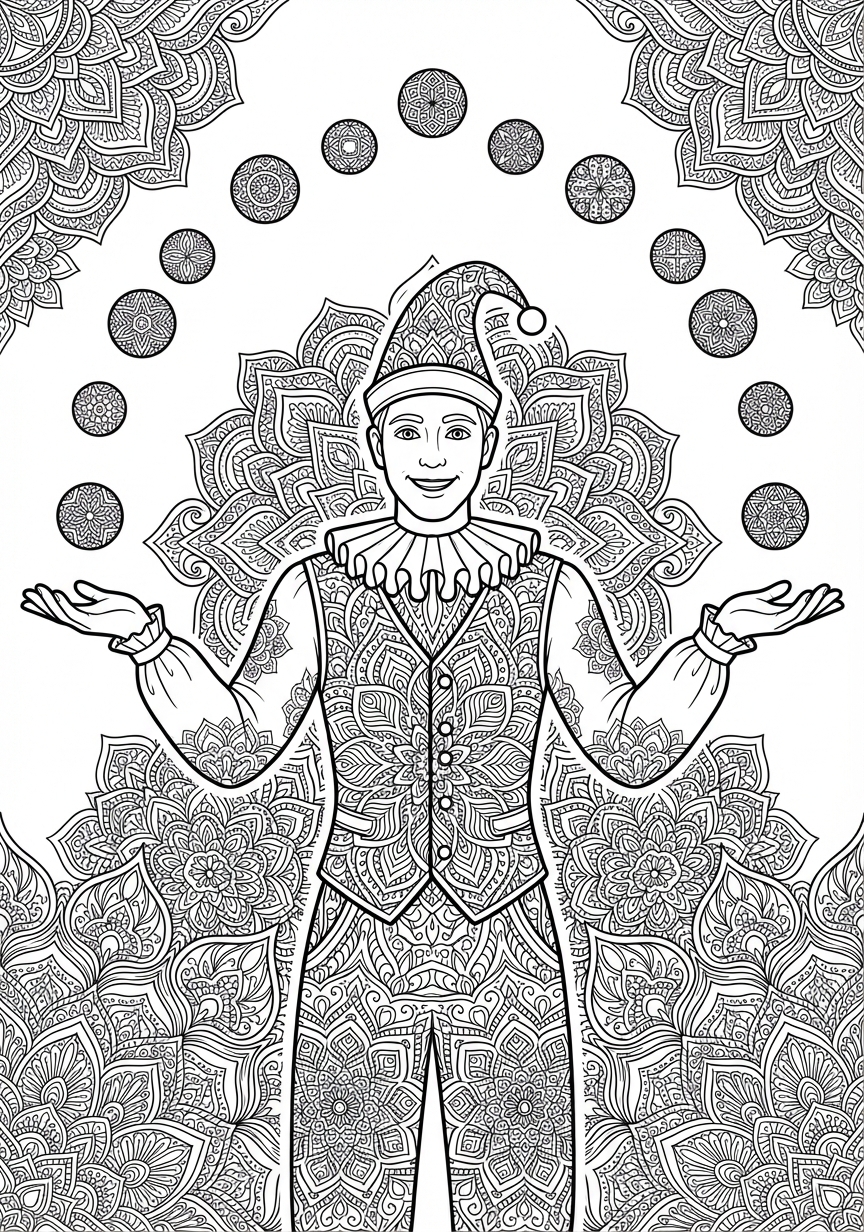 Detailreiches Mandala mit einem Jongleur und filigranen Ornamenten