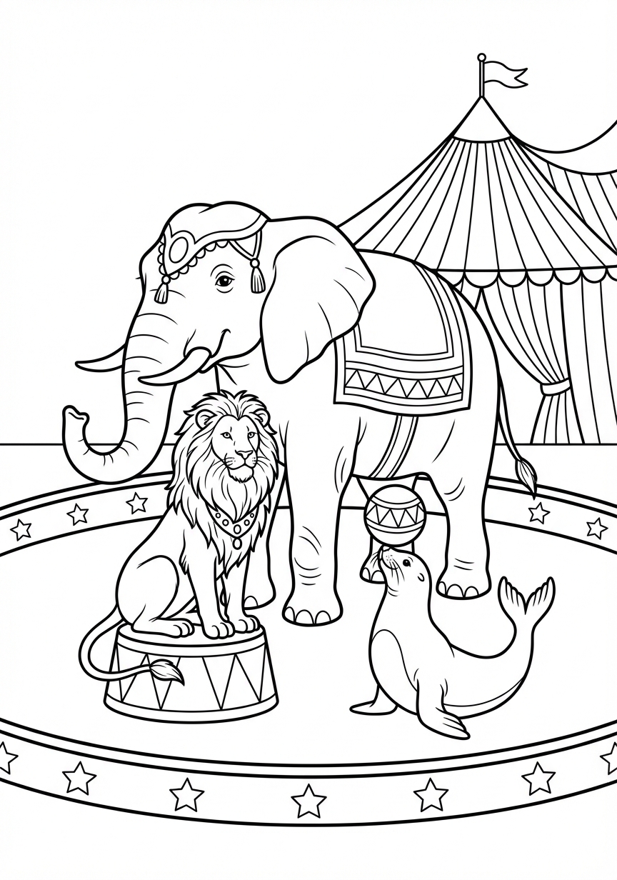 Elefant, Löwe und Seehund bei ihrer großen Zirkusvorstellung