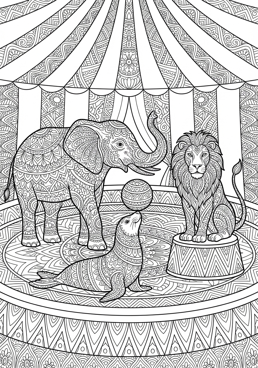 Komplexes Zirkustier Mandala mit Elefant und Löwe
